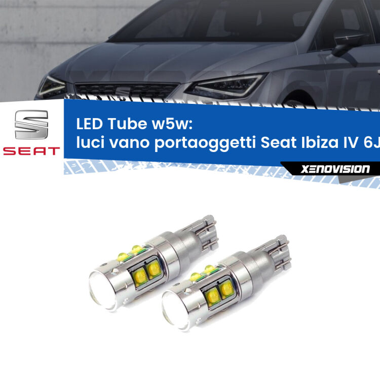 <strong>Luci Vano Portaoggetti LED 6000k per Seat Ibiza IV</strong> 6J 2008 - 2015. Lampadine <strong>W5W</strong> canbus modello Tube, luce bianco lunare, lunga durata e compatibilità.