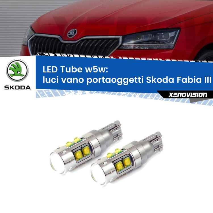 <strong>Luci Vano Portaoggetti LED 6000k per Skoda Fabia III</strong> NJ 2014 in poi. Lampadine <strong>W5W</strong> canbus modello Tube, luce bianco lunare, lunga durata e compatibilità.