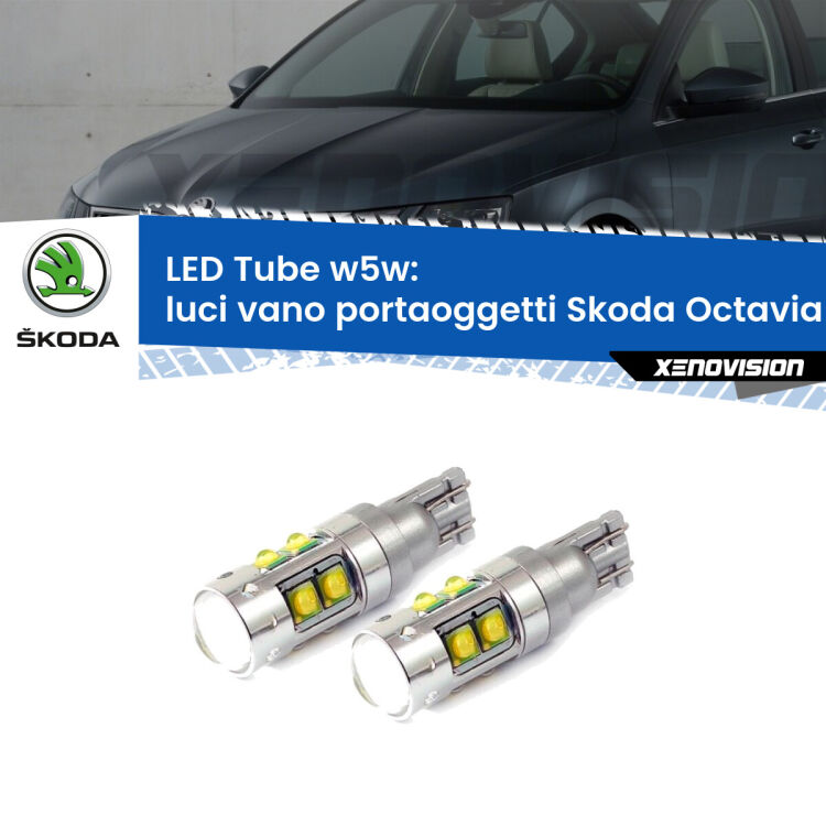 <strong>Luci Vano Portaoggetti LED 6000k per Skoda Octavia III</strong> 5E 2012 - 2018. Lampadine <strong>W5W</strong> canbus modello Tube, luce bianco lunare, lunga durata e compatibilità.