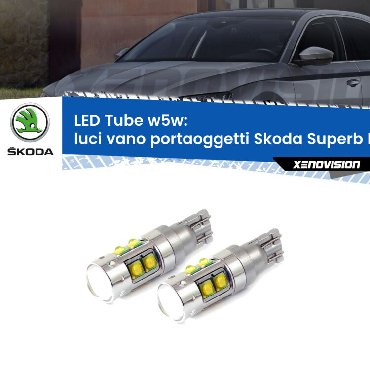 <strong>Luci Vano Portaoggetti LED 6000k per Skoda Superb III</strong> B8 2015 in poi. Lampadine <strong>W5W</strong> canbus modello Tube, luce bianco lunare, lunga durata e compatibilità.