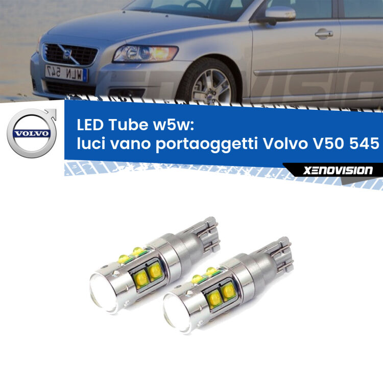 <strong>Luci Vano Portaoggetti LED 6000k per Volvo V50</strong> 545 2003 - 2012. Lampadine <strong>W5W</strong> canbus modello Tube, luce bianco lunare, lunga durata e compatibilità.