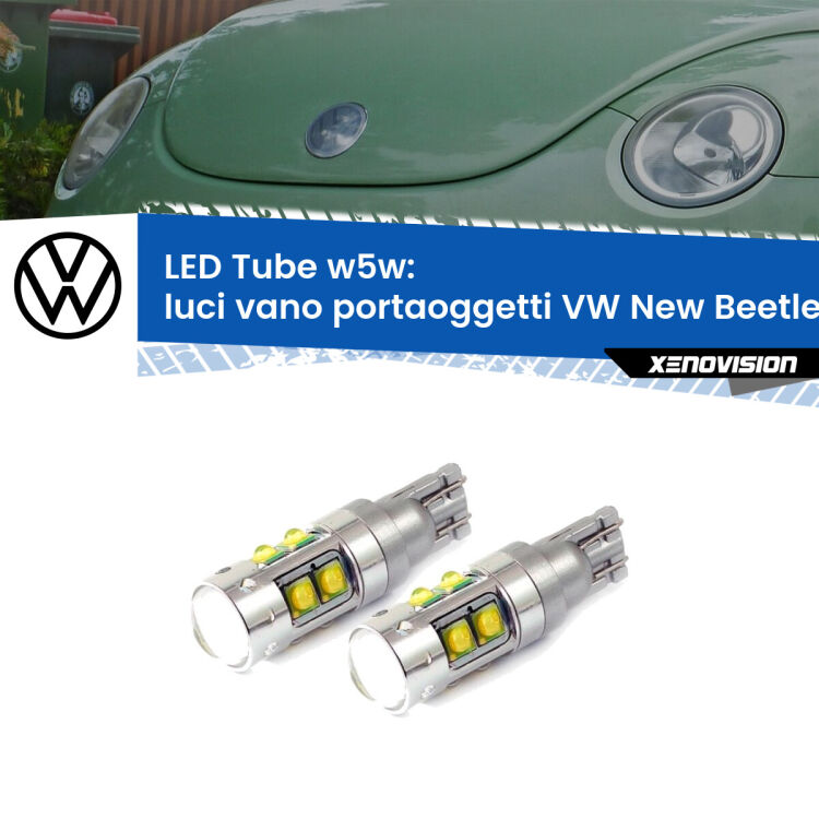 <strong>Luci Vano Portaoggetti LED 6000k per VW New Beetle</strong>  1998 - 2010. Lampadine <strong>W5W</strong> canbus modello Tube, luce bianco lunare, lunga durata e compatibilità.