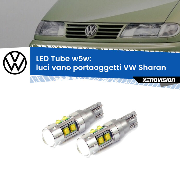 <strong>Luci Vano Portaoggetti LED 6000k per VW Sharan</strong>  2001 - 2010. Lampadine <strong>W5W</strong> canbus modello Tube, luce bianco lunare, lunga durata e compatibilità.