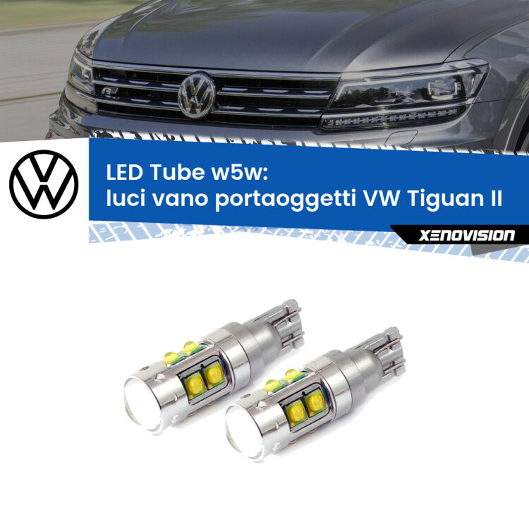 <strong>Luci Vano Portaoggetti LED 6000k per VW Tiguan</strong> II 2016 in poi. Lampadine <strong>W5W</strong> canbus modello Tube, luce bianco lunare, lunga durata e compatibilità.