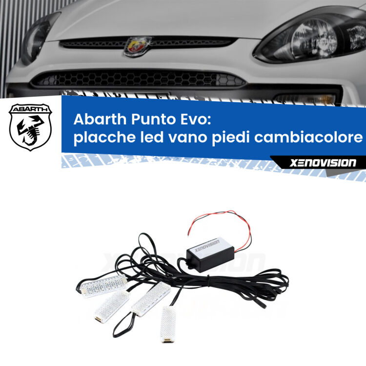 <strong>Kit placche LED cambiacolore vano piedi Abarth Punto Evo</strong>  2010 - 2014. 4 placche <strong>Bluetooth</strong> con app Android /iOS.