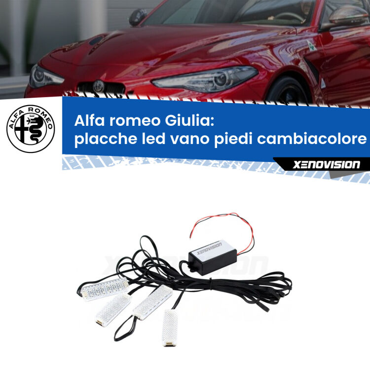 <strong>Kit placche LED cambiacolore vano piedi Alfa romeo Giulia</strong>  2015 in poi. 4 placche <strong>Bluetooth</strong> con app Android /iOS.