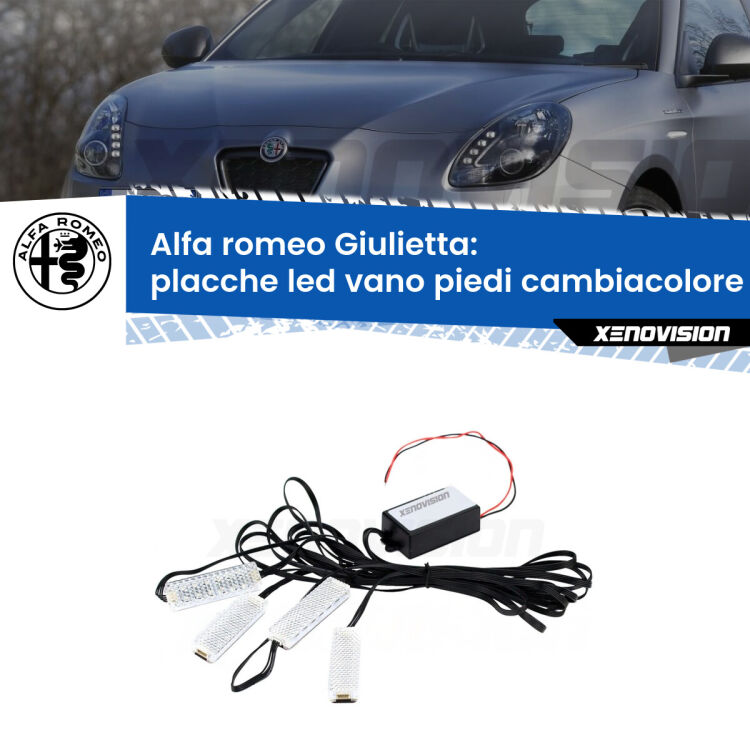 <strong>Kit placche LED cambiacolore vano piedi Alfa romeo Giulietta</strong>  2010 in poi. 4 placche <strong>Bluetooth</strong> con app Android /iOS.