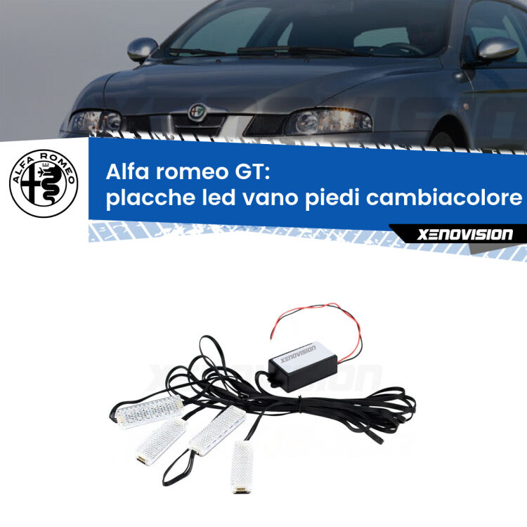 <strong>Kit placche LED cambiacolore vano piedi Alfa romeo GT</strong>  2003 - 2010. 4 placche <strong>Bluetooth</strong> con app Android /iOS.