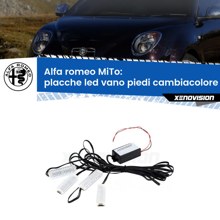 <strong>Kit placche LED cambiacolore vano piedi Alfa romeo MiTo</strong>  2008 - 2018. 4 placche <strong>Bluetooth</strong> con app Android /iOS.