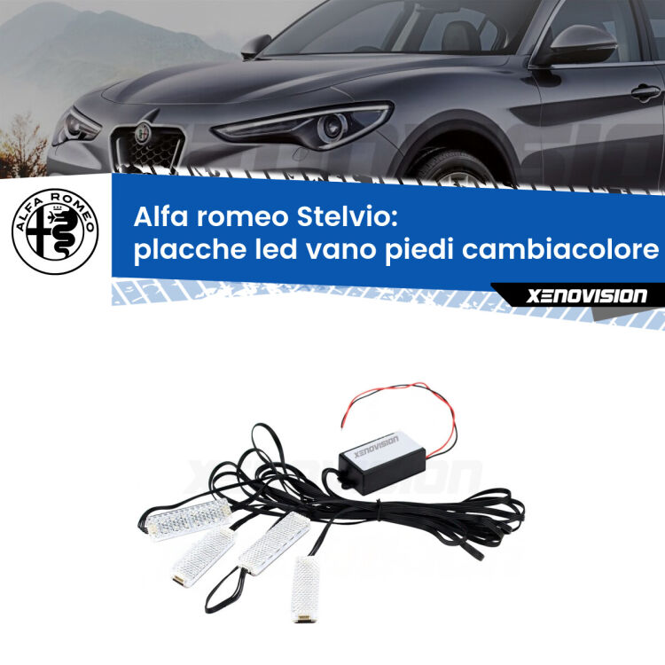 <strong>Kit placche LED cambiacolore vano piedi Alfa romeo Stelvio</strong>  2016 in poi. 4 placche <strong>Bluetooth</strong> con app Android /iOS.