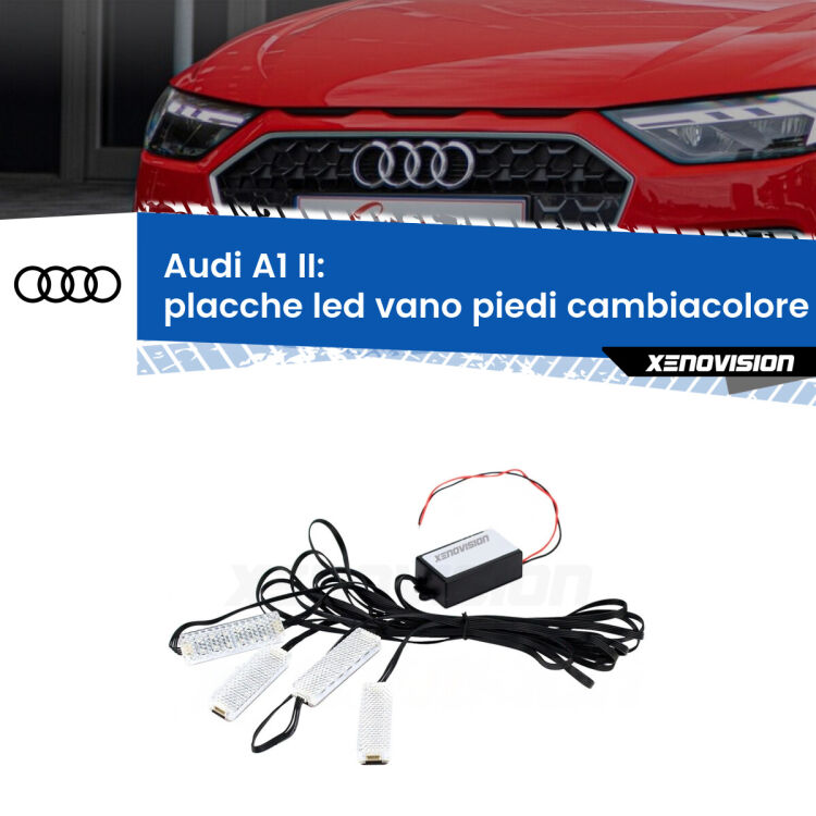 <strong>Kit placche LED cambiacolore vano piedi Audi A1</strong> II 2019 in poi. 4 placche <strong>Bluetooth</strong> con app Android /iOS.