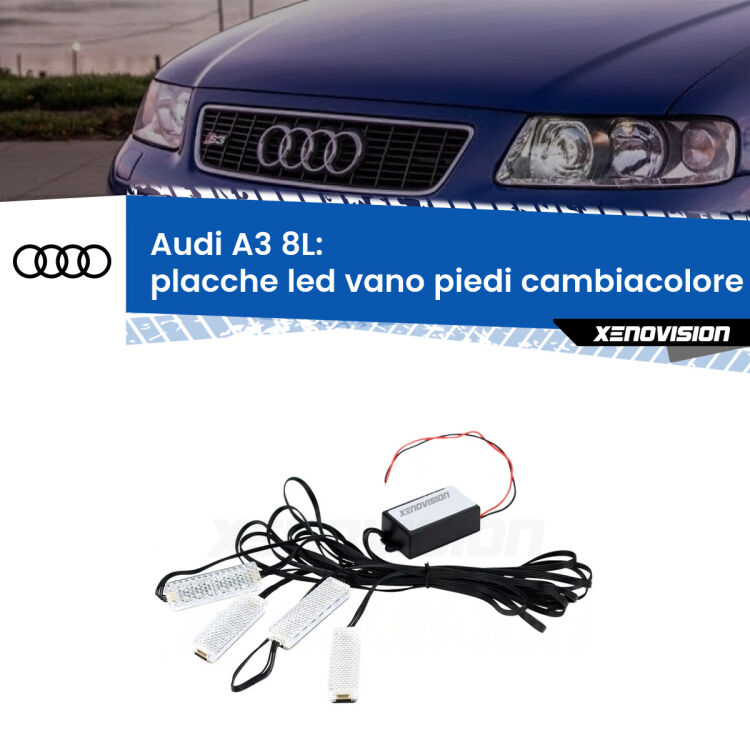 <strong>Kit placche LED cambiacolore vano piedi Audi A3</strong> 8L 1996 - 2003. 4 placche <strong>Bluetooth</strong> con app Android /iOS.