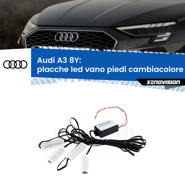 <strong>Kit placche LED cambiacolore vano piedi Audi A3</strong> 8Y 2020 in poi. 4 placche <strong>Bluetooth</strong> con app Android /iOS.