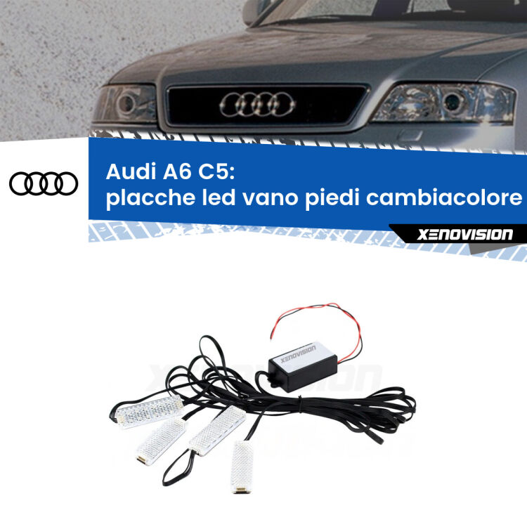 <strong>Kit placche LED cambiacolore vano piedi Audi A6</strong> C5 1997 - 2004. 4 placche <strong>Bluetooth</strong> con app Android /iOS.