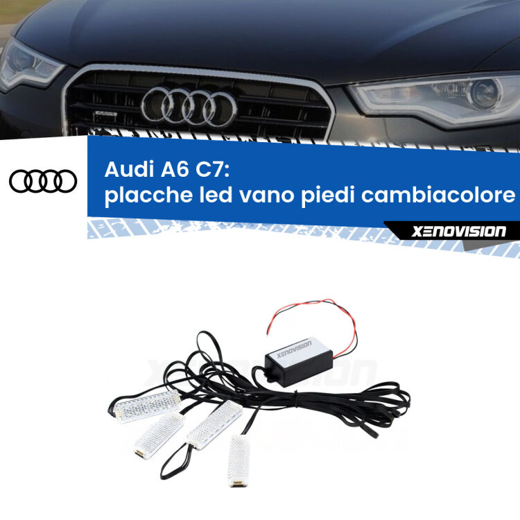 <strong>Kit placche LED cambiacolore vano piedi Audi A6</strong> C7 2011 - 2018. 4 placche <strong>Bluetooth</strong> con app Android /iOS.