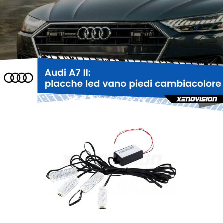 <strong>Kit placche LED cambiacolore vano piedi Audi A7</strong> II 2019 in poi. 4 placche <strong>Bluetooth</strong> con app Android /iOS.