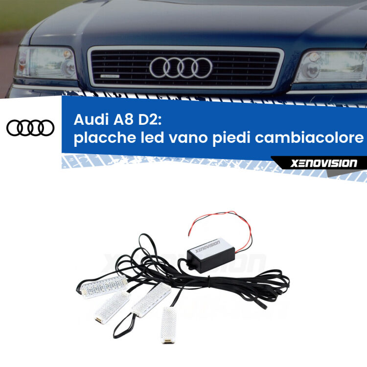 <strong>Kit placche LED cambiacolore vano piedi Audi A8</strong> D2 1994 - 2002. 4 placche <strong>Bluetooth</strong> con app Android /iOS.