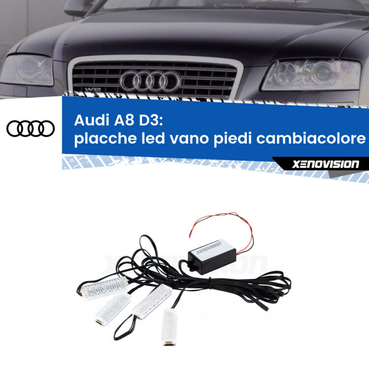 <strong>Kit placche LED cambiacolore vano piedi Audi A8</strong> D3 2002 - 2009. 4 placche <strong>Bluetooth</strong> con app Android /iOS.