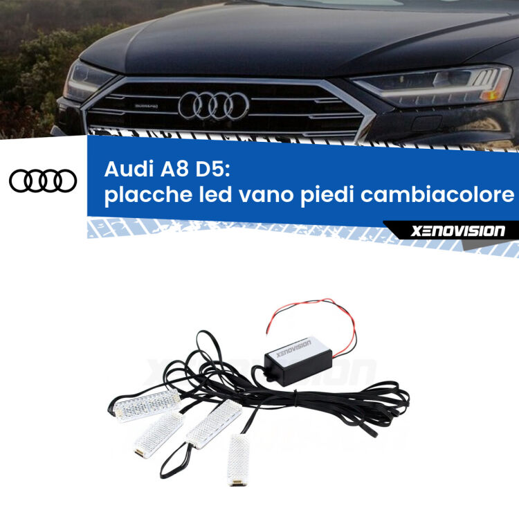 <strong>Kit placche LED cambiacolore vano piedi Audi A8</strong> D5 2018 in poi. 4 placche <strong>Bluetooth</strong> con app Android /iOS.