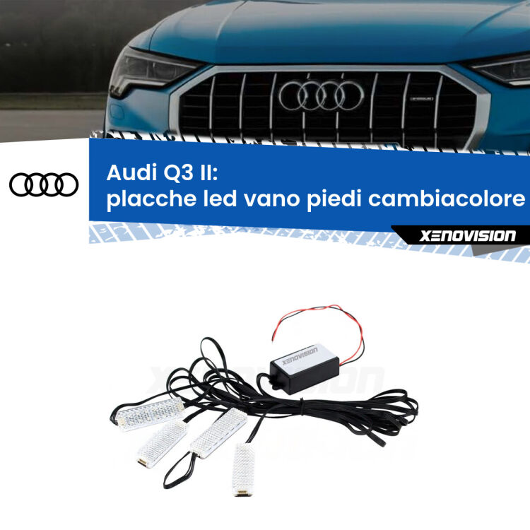 <strong>Kit placche LED cambiacolore vano piedi Audi Q3</strong> II 2019 in poi. 4 placche <strong>Bluetooth</strong> con app Android /iOS.