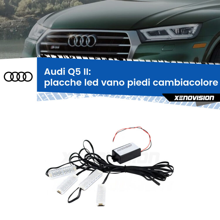 <strong>Kit placche LED cambiacolore vano piedi Audi Q5</strong> II 2018 in poi. 4 placche <strong>Bluetooth</strong> con app Android /iOS.