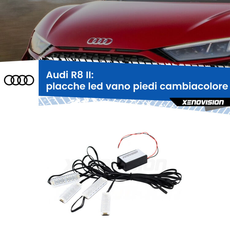 <strong>Kit placche LED cambiacolore vano piedi Audi R8</strong> II 2016 in poi. 4 placche <strong>Bluetooth</strong> con app Android /iOS.