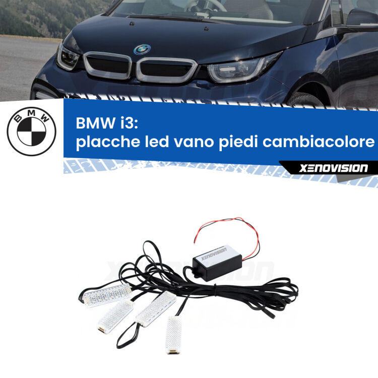 <strong>Kit placche LED cambiacolore vano piedi BMW i3</strong>  2013 - 2023. 4 placche <strong>Bluetooth</strong> con app Android /iOS.