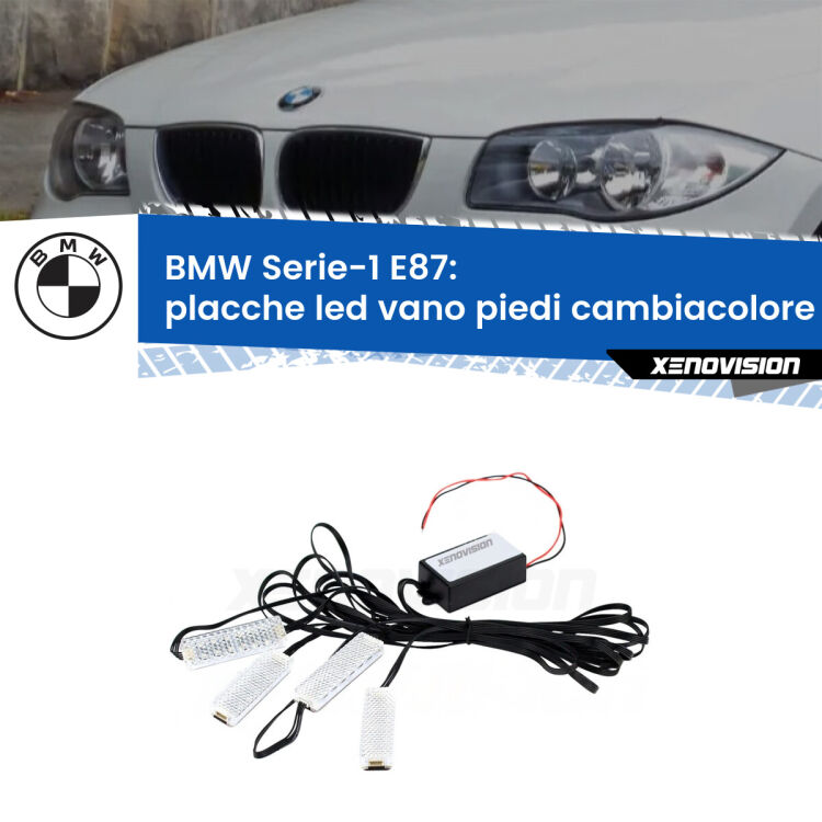 <strong>Kit placche LED cambiacolore vano piedi BMW Serie-1</strong> E87 2003 - 2012. 4 placche <strong>Bluetooth</strong> con app Android /iOS.