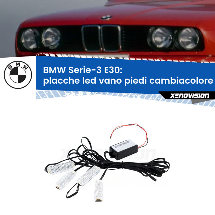 <strong>Kit placche LED cambiacolore vano piedi BMW Serie-3</strong> E30 1982 - 1992. 4 placche <strong>Bluetooth</strong> con app Android /iOS.