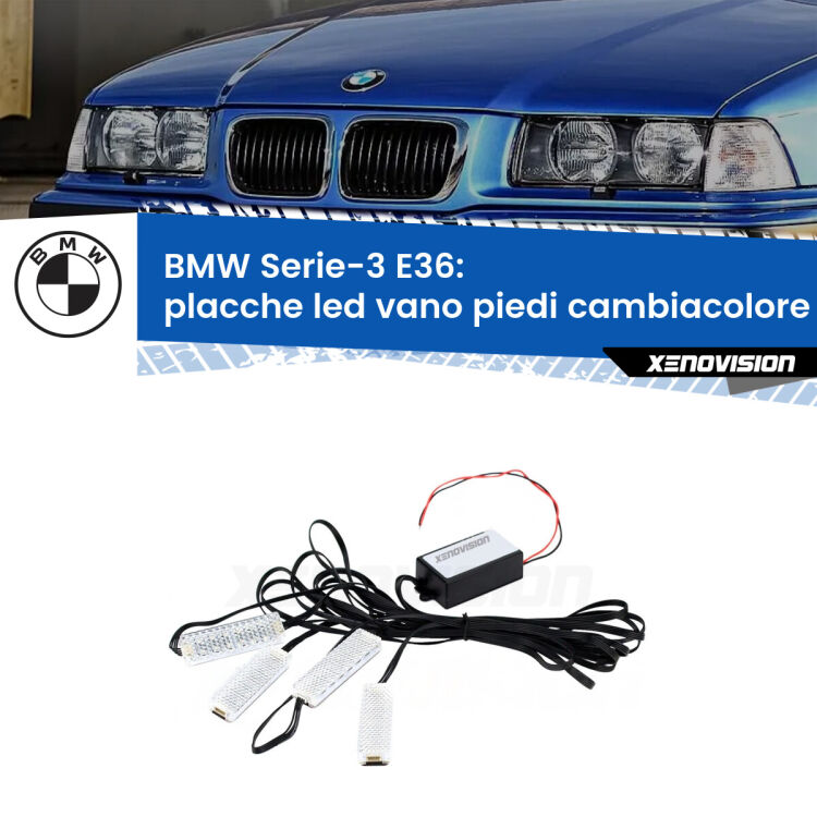 <strong>Kit placche LED cambiacolore vano piedi BMW Serie-3</strong> E36 1990 - 1998. 4 placche <strong>Bluetooth</strong> con app Android /iOS.