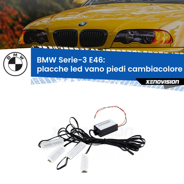 <strong>Kit placche LED cambiacolore vano piedi BMW Serie-3</strong> E46 1998 - 2005. 4 placche <strong>Bluetooth</strong> con app Android /iOS.