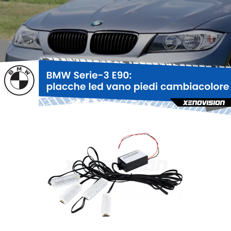 <strong>Kit placche LED cambiacolore vano piedi BMW Serie-3</strong> E90 2005 - 2011. 4 placche <strong>Bluetooth</strong> con app Android /iOS.