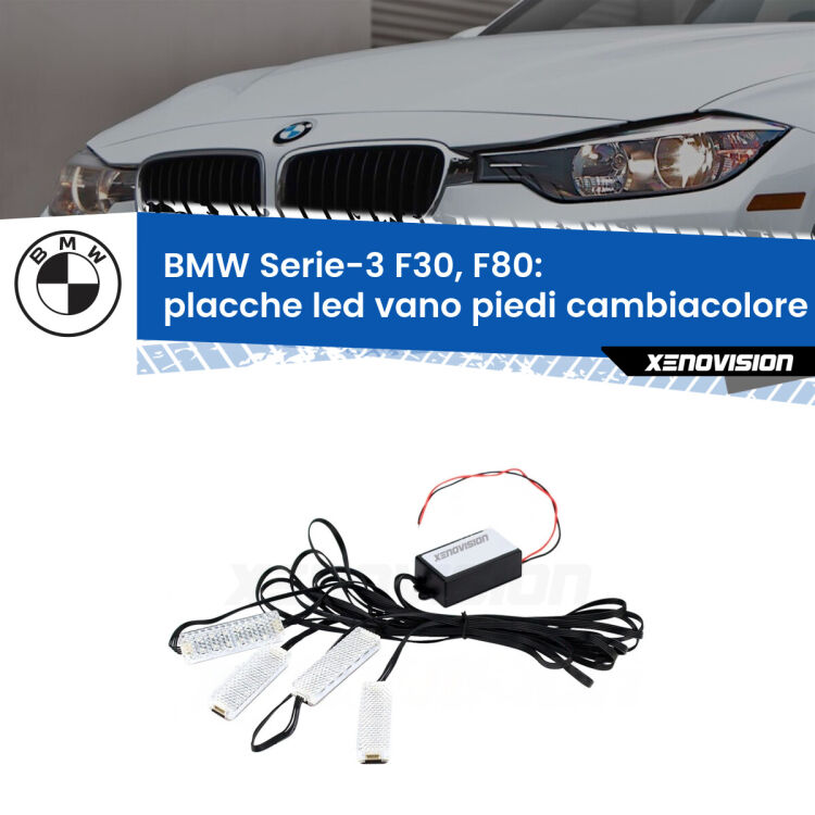 <strong>Kit placche LED cambiacolore vano piedi BMW Serie-3</strong> F30, F80 2012 - 2019. 4 placche <strong>Bluetooth</strong> con app Android /iOS.