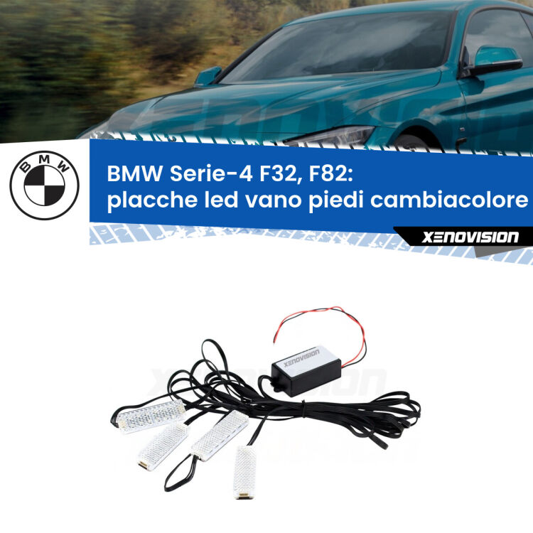 <strong>Kit placche LED cambiacolore vano piedi BMW Serie-4</strong> F32, F82 2013 - 2019. 4 placche <strong>Bluetooth</strong> con app Android /iOS.