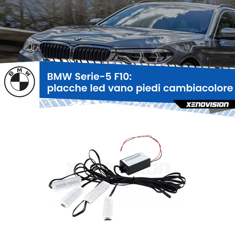 <strong>Kit placche LED cambiacolore vano piedi BMW Serie-5</strong> F10 2010 - 2016. 4 placche <strong>Bluetooth</strong> con app Android /iOS.