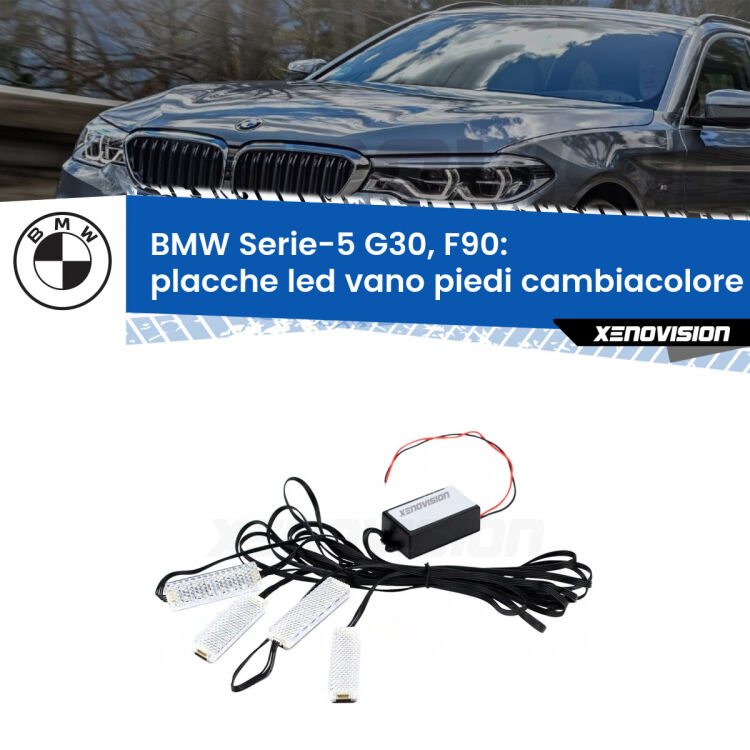 <strong>Kit placche LED cambiacolore vano piedi BMW Serie-5</strong> G30, F90 2017 in poi. 4 placche <strong>Bluetooth</strong> con app Android /iOS.