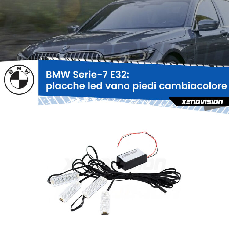 <strong>Kit placche LED cambiacolore vano piedi BMW Serie-7</strong> E32 1986 - 1993. 4 placche <strong>Bluetooth</strong> con app Android /iOS.