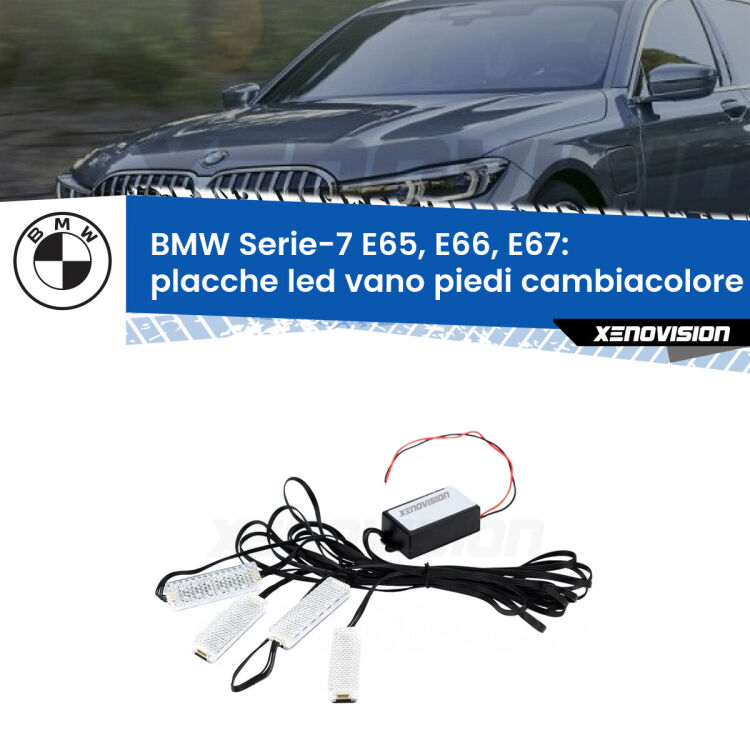 <strong>Kit placche LED cambiacolore vano piedi BMW Serie-7</strong> E65, E66, E67 2001 - 2008. 4 placche <strong>Bluetooth</strong> con app Android /iOS.