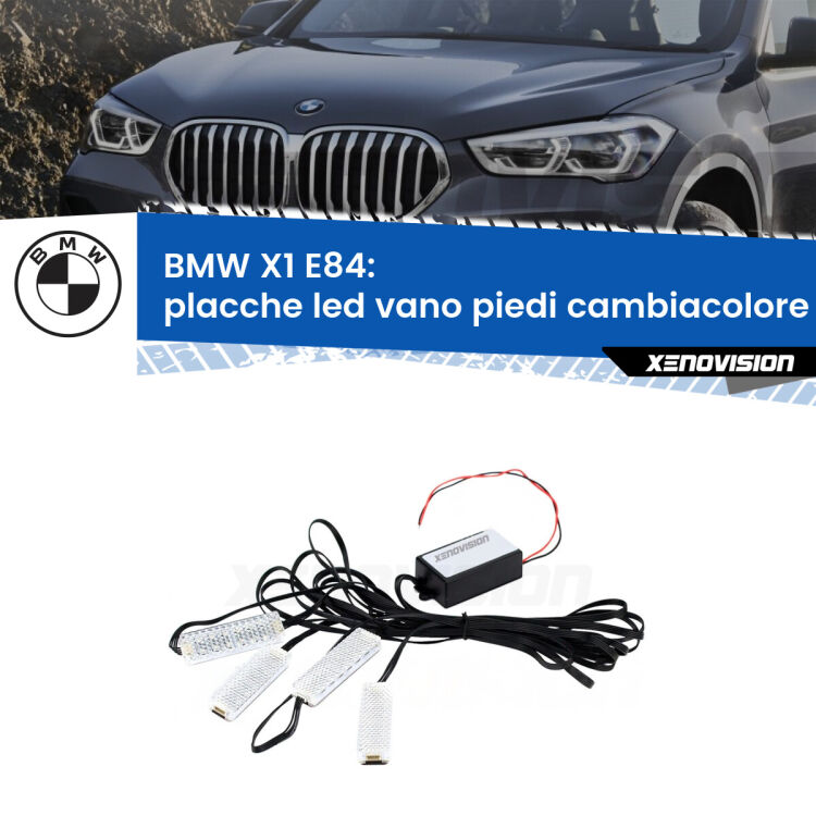 <strong>Kit placche LED cambiacolore vano piedi BMW X1</strong> E84 2009 - 2015. 4 placche <strong>Bluetooth</strong> con app Android /iOS.