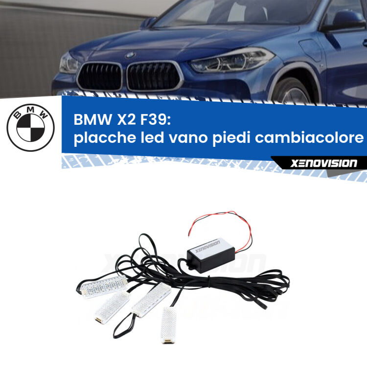 <strong>Kit placche LED cambiacolore vano piedi BMW X2</strong> F39 2017 in poi. 4 placche <strong>Bluetooth</strong> con app Android /iOS.