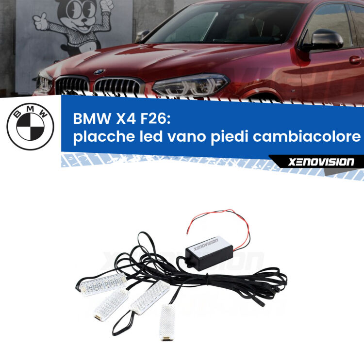 <strong>Kit placche LED cambiacolore vano piedi BMW X4</strong> F26 2014 - 2017. 4 placche <strong>Bluetooth</strong> con app Android /iOS.