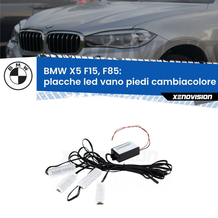 <strong>Kit placche LED cambiacolore vano piedi BMW X5</strong> F15, F85 2014 - 2018. 4 placche <strong>Bluetooth</strong> con app Android /iOS.