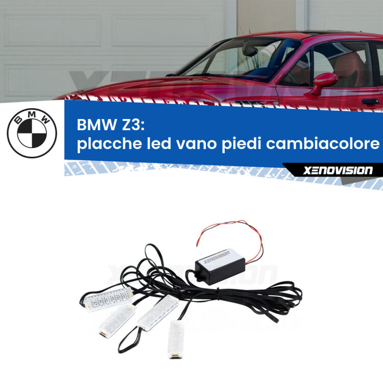 <strong>Kit placche LED cambiacolore vano piedi BMW Z3</strong>  1997 - 2003. 4 placche <strong>Bluetooth</strong> con app Android /iOS.