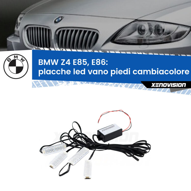 <strong>Kit placche LED cambiacolore vano piedi BMW Z4</strong> E85, E86 2003 - 2008. 4 placche <strong>Bluetooth</strong> con app Android /iOS.