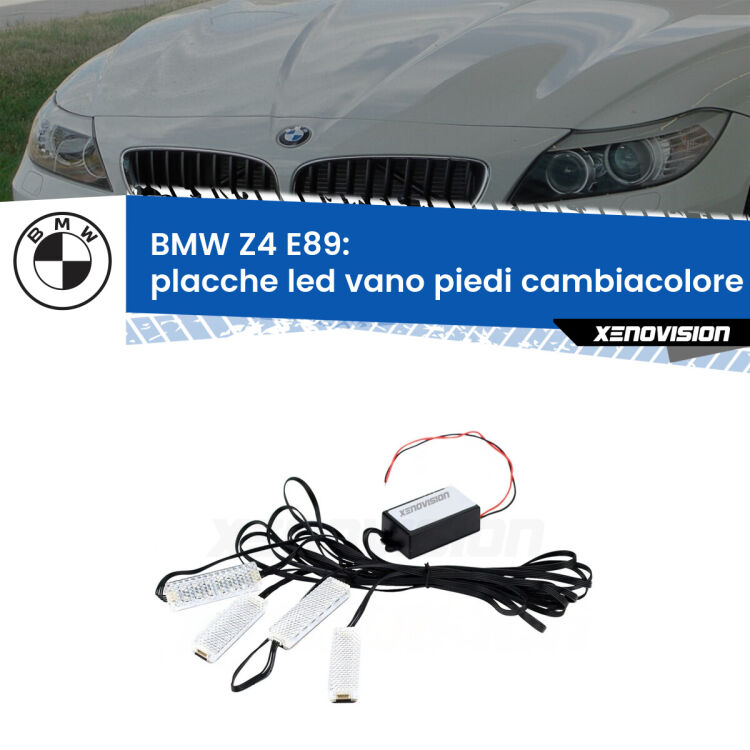 <strong>Kit placche LED cambiacolore vano piedi BMW Z4</strong> E89 2009 - 2016. 4 placche <strong>Bluetooth</strong> con app Android /iOS.