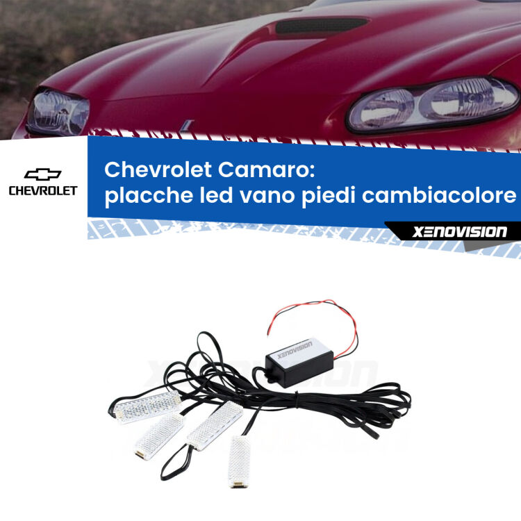 <strong>Kit placche LED cambiacolore vano piedi Chevrolet Camaro</strong>  1998 - 2002. 4 placche <strong>Bluetooth</strong> con app Android /iOS.