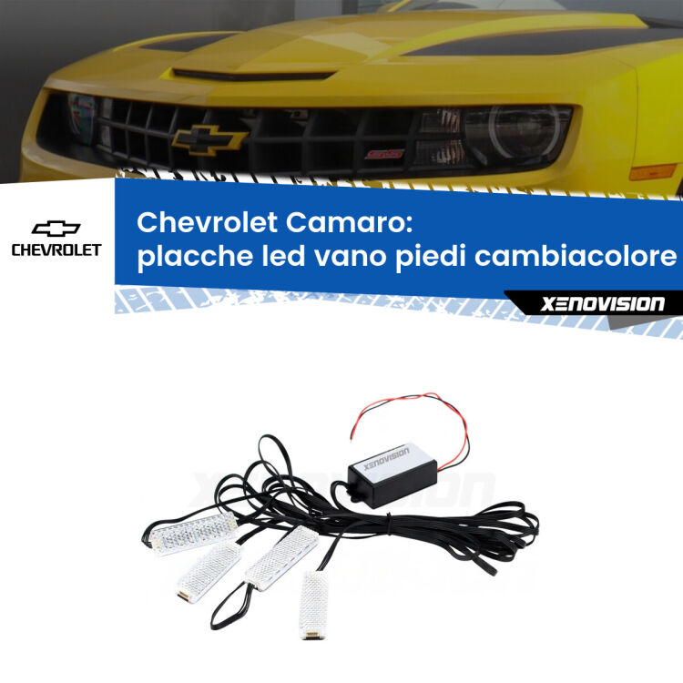 <strong>Kit placche LED cambiacolore vano piedi Chevrolet Camaro</strong>  2011 - 2015. 4 placche <strong>Bluetooth</strong> con app Android /iOS.