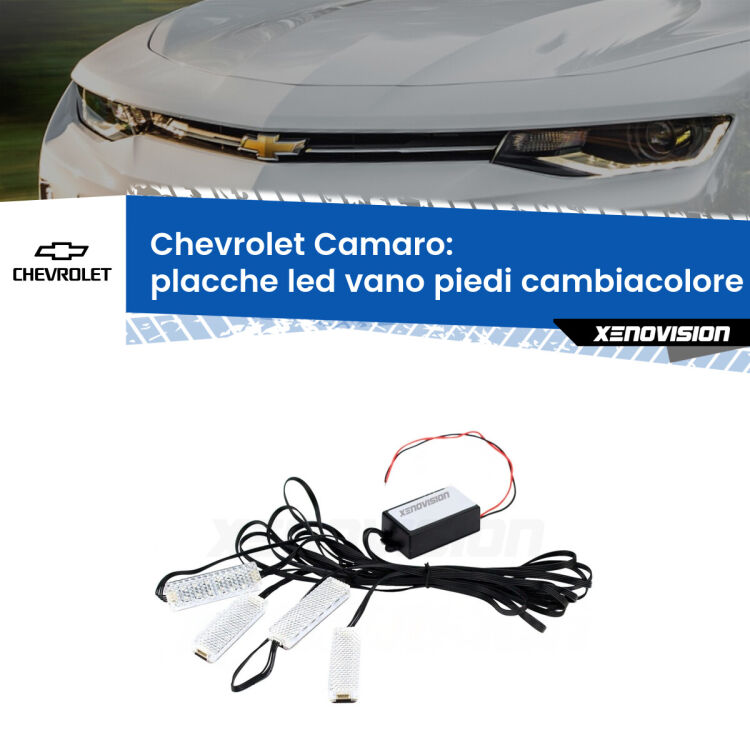 <strong>Kit placche LED cambiacolore vano piedi Chevrolet Camaro</strong>  2015 in poi. 4 placche <strong>Bluetooth</strong> con app Android /iOS.