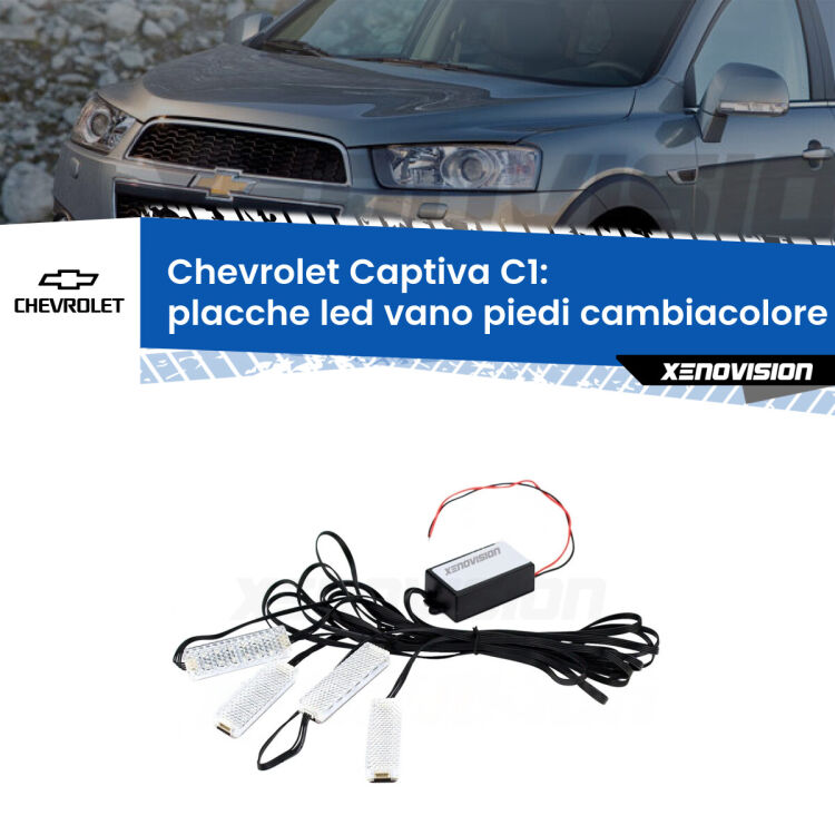 <strong>Kit placche LED cambiacolore vano piedi Chevrolet Captiva</strong> C1 2006 - 2018. 4 placche <strong>Bluetooth</strong> con app Android /iOS.