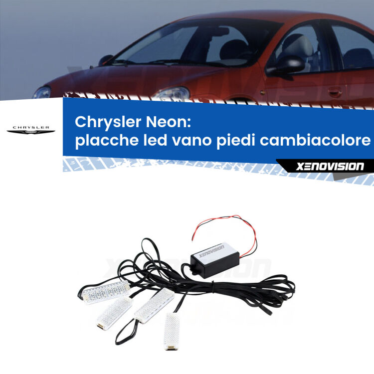 <strong>Kit placche LED cambiacolore vano piedi Chrysler Neon</strong>  1994 - 1999. 4 placche <strong>Bluetooth</strong> con app Android /iOS.